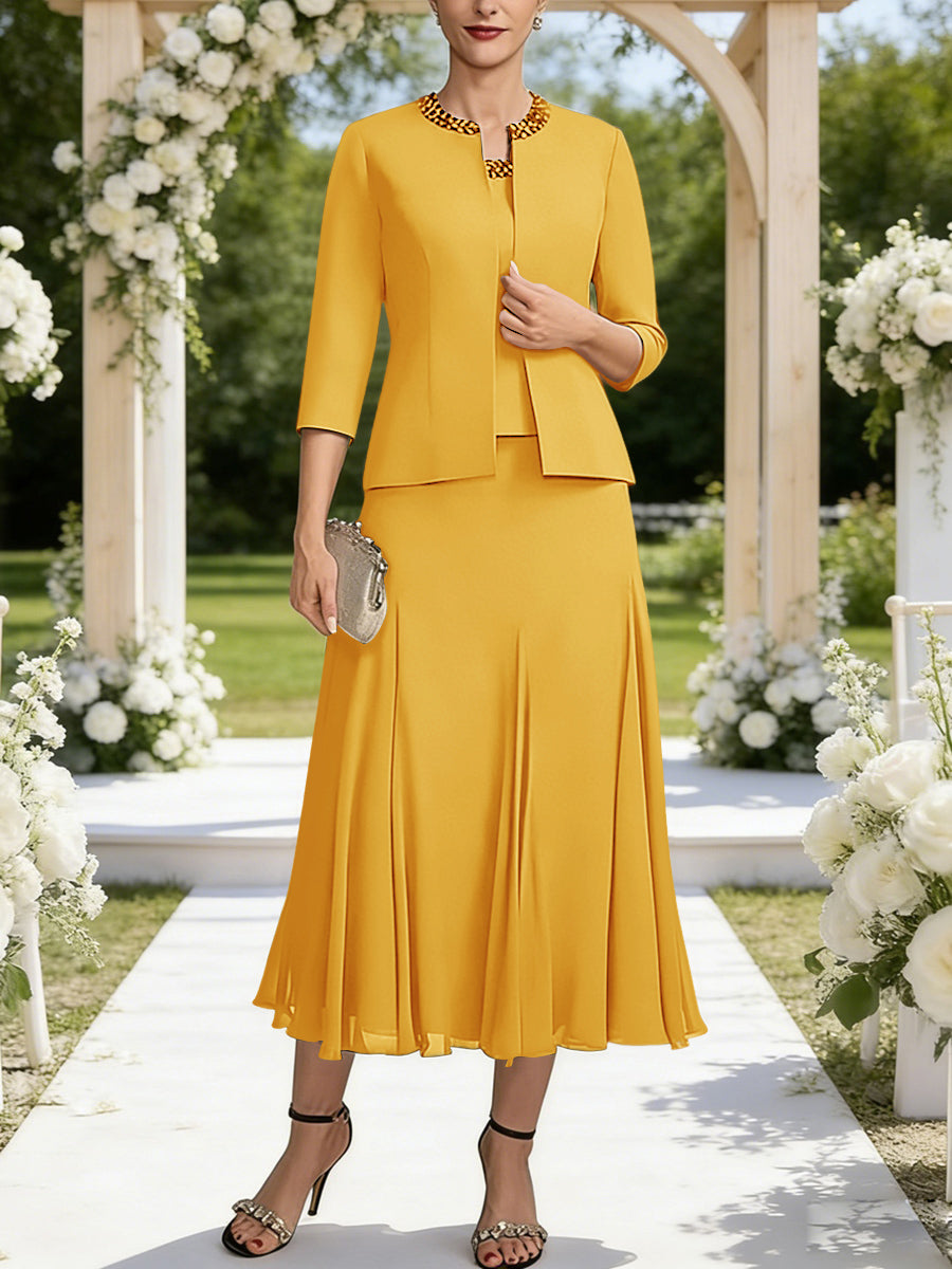 A-Line/Princess Square Neck Two-Piece Sequins Tea-Length Mother of the Bride Dresses with Jacket