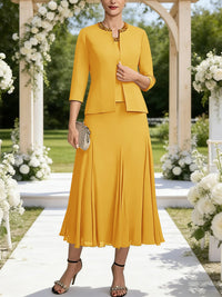A-Line/Princess Square Neck Two-Piece Sequins Tea-Length Mother of the Bride Dresses with Jacket