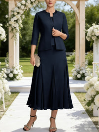 A-Line/Princess Square Neck Two-Piece Sequins Tea-Length Mother of the Bride Dresses with Jacket