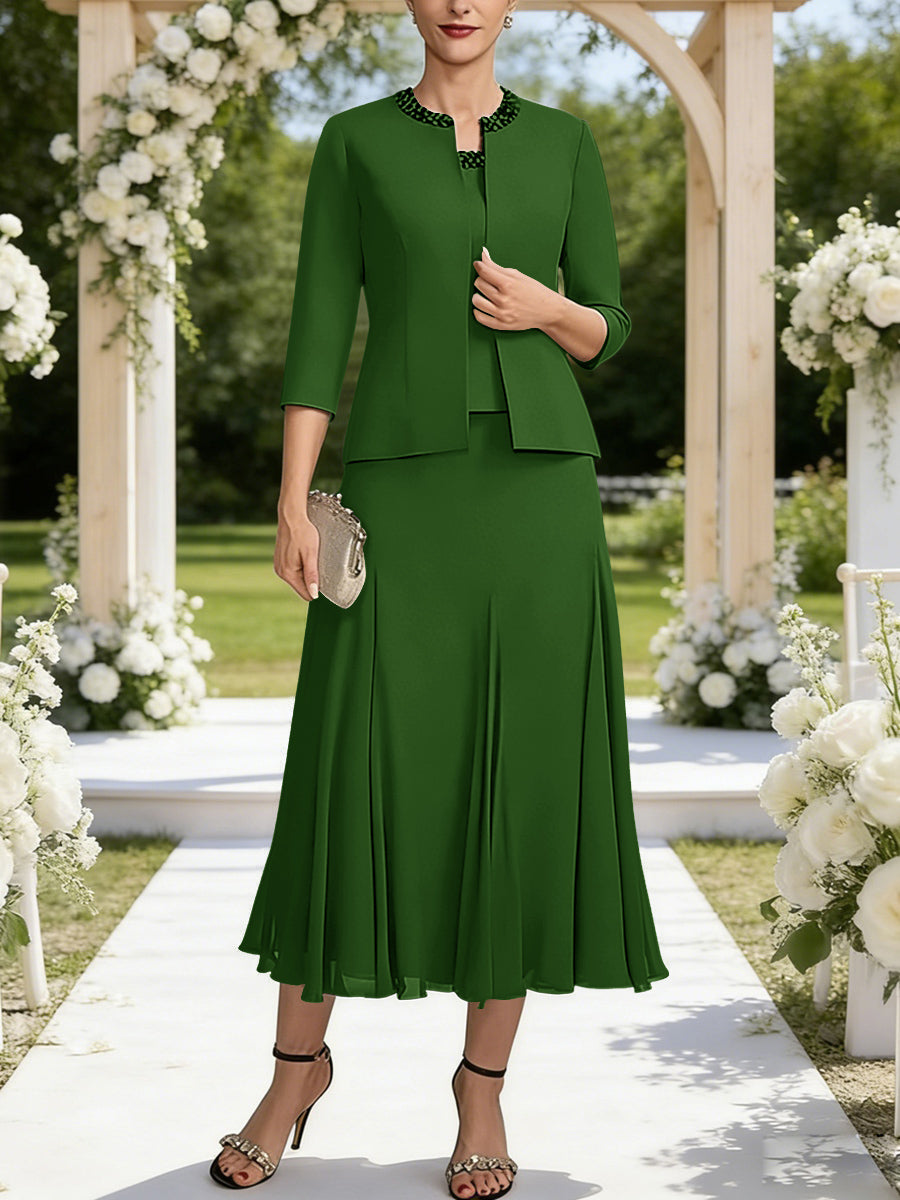 A-Line/Princess Square Neck Two-Piece Sequins Tea-Length Mother of the Bride Dresses with Jacket