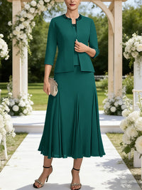 A-Line/Princess Square Neck Two-Piece Sequins Tea-Length Mother of the Bride Dresses with Jacket
