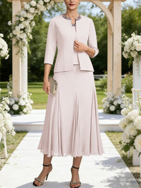 A-Line/Princess Square Neck Two-Piece Sequins Tea-Length Mother of the Bride Dresses with Jacket