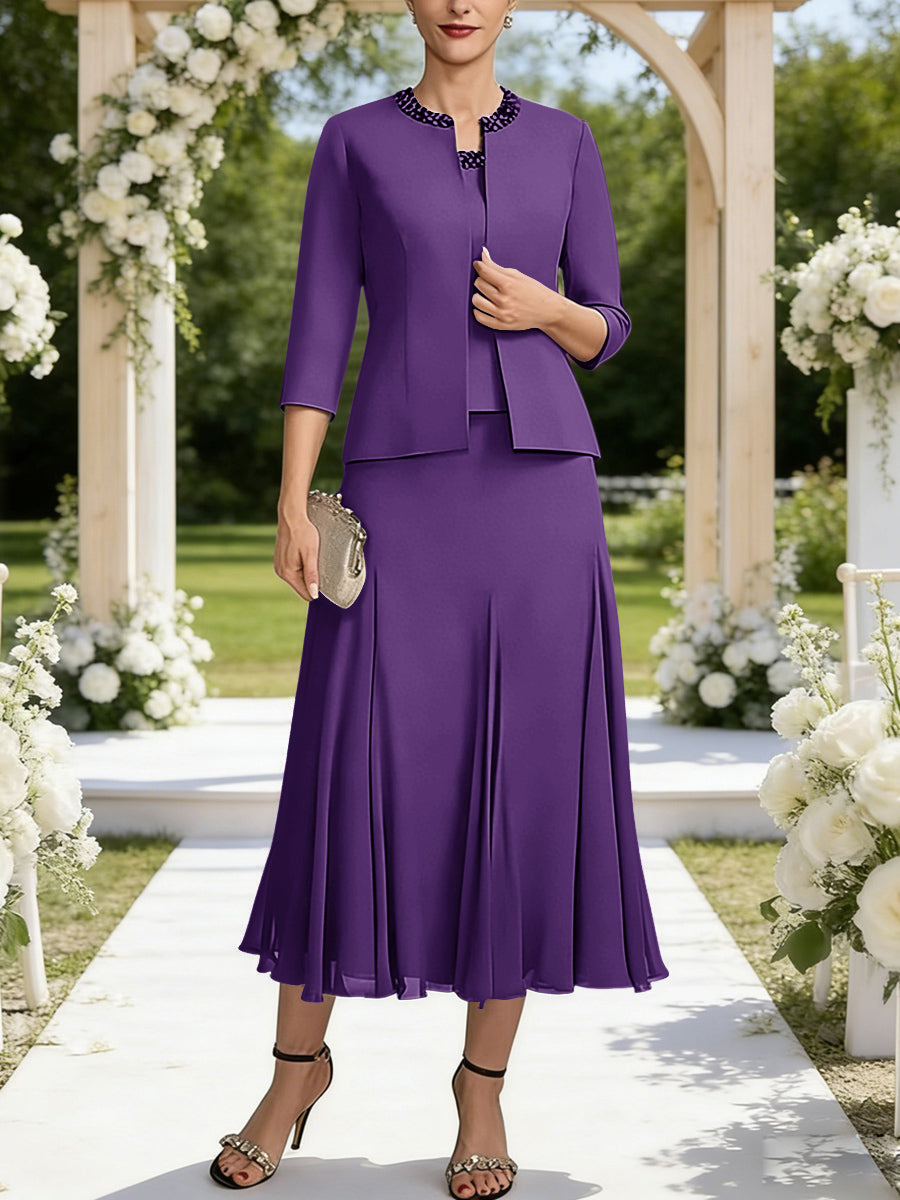 A-Line/Princess Square Neck Two-Piece Sequins Tea-Length Mother of the Bride Dresses with Jacket