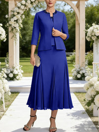 A-Line/Princess Square Neck Two-Piece Sequins Tea-Length Mother of the Bride Dresses with Jacket