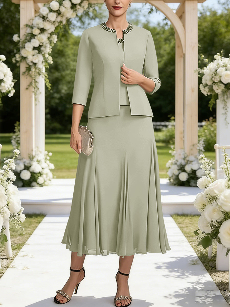 A-Line/Princess Square Neck Two-Piece Sequins Tea-Length Mother of the Bride Dresses with Jacket