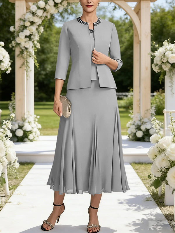 A-Line/Princess Square Neck Two-Piece Sequins Tea-Length Mother of the Bride Dresses with Jacket
