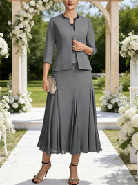 A-Line/Princess Square Neck Two-Piece Sequins Tea-Length Mother of the Bride Dresses with Jacket