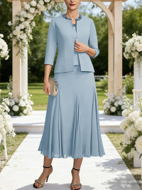 A-Line/Princess Square Neck Two-Piece Sequins Tea-Length Mother of the Bride Dresses with Jacket