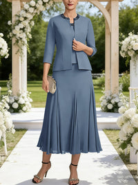 A-Line/Princess Square Neck Two-Piece Sequins Tea-Length Mother of the Bride Dresses with Jacket