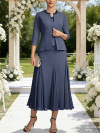 A-Line/Princess Square Neck Two-Piece Sequins Tea-Length Mother of the Bride Dresses with Jacket