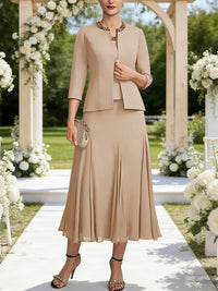A-Line/Princess Square Neck Two-Piece Sequins Tea-Length Mother of the Bride Dresses with Jacket