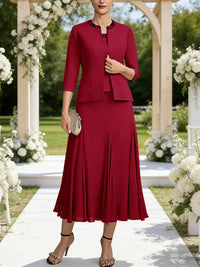 A-Line/Princess Square Neck Two-Piece Sequins Tea-Length Mother of the Bride Dresses with Jacket