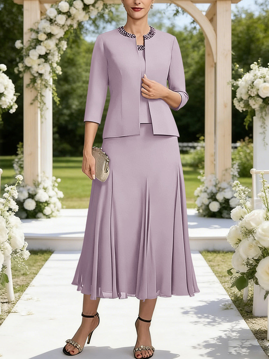 A-Line/Princess Square Neck Two-Piece Sequins Tea-Length Mother of the Bride Dresses with Jacket