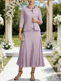 A-Line/Princess Square Neck Two-Piece Sequins Tea-Length Mother of the Bride Dresses with Jacket