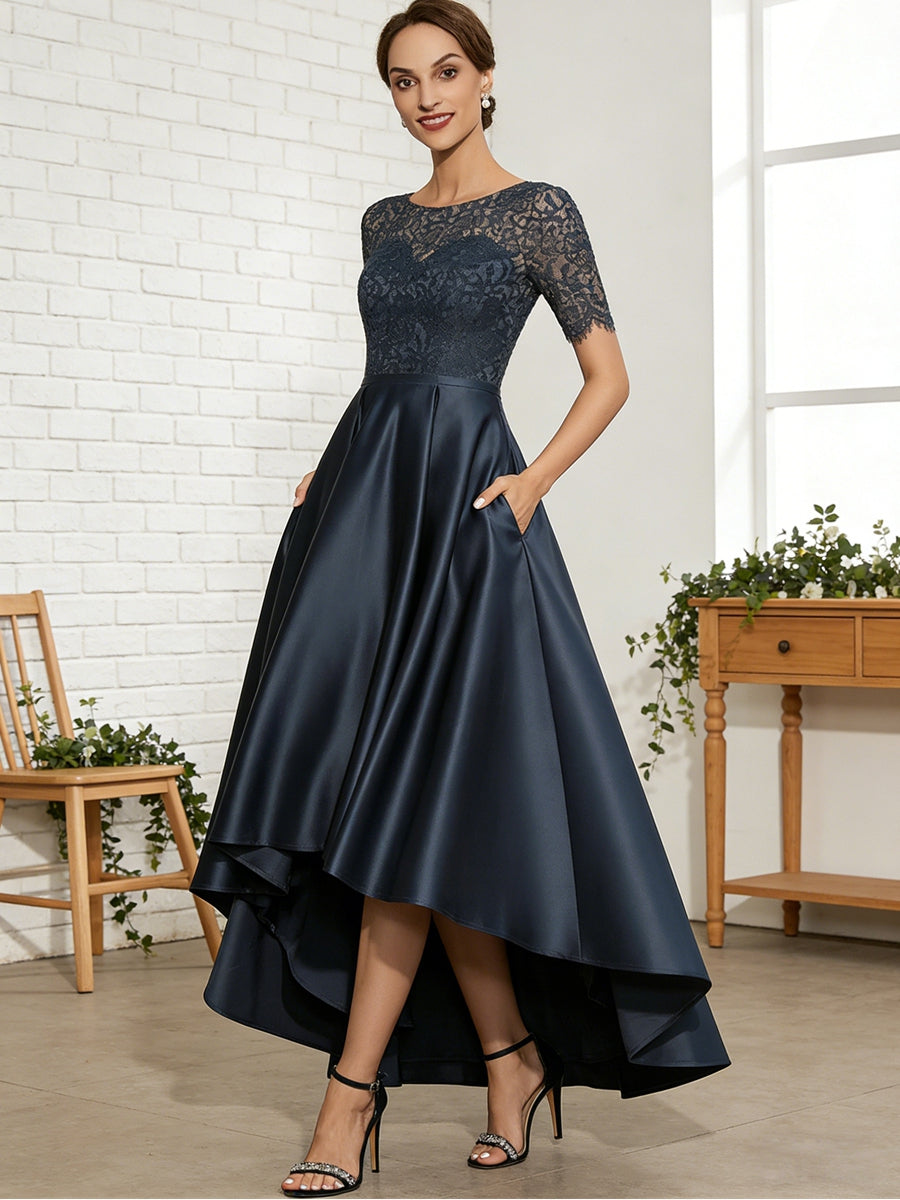 A-Line/Princess Scoop Neck Lace Appliques Satin Hi-Lo Mother of the Bride Dresses with Pockets