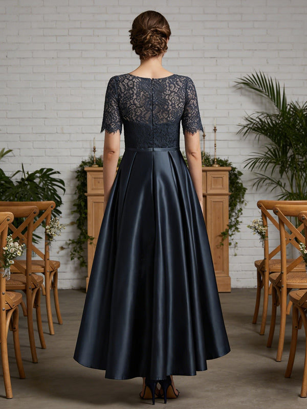 Shirees Green A-Line/Princess Scoop Neck Lace Appliques Satin Hi-Lo Mother of the Bride Dresses with Pockets 2026 Shirees Green A-Line/Princess Scoop Neck Lace Appliques Satin Hi-Lo Mother of the Bride Dresses with Pockets 2026