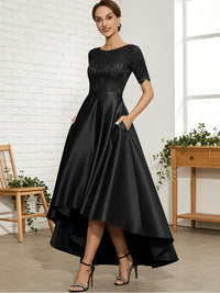 A-Line/Princess Scoop Neck Lace Appliques Satin Hi-Lo Mother of the Bride Dresses with Pockets