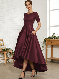 A-Line/Princess Scoop Neck Lace Appliques Satin Hi-Lo Mother of the Bride Dresses with Pockets