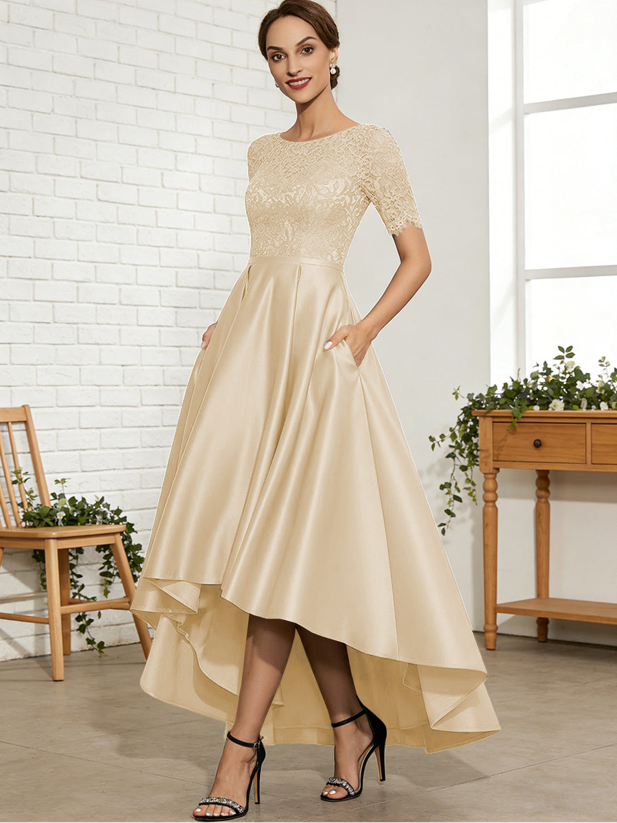 A-Line/Princess Scoop Neck Lace Appliques Satin Hi-Lo Mother of the Bride Dresses with Pockets