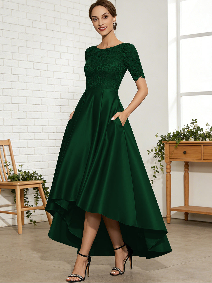 A-Line/Princess Scoop Neck Lace Appliques Satin Hi-Lo Mother of the Bride Dresses with Pockets