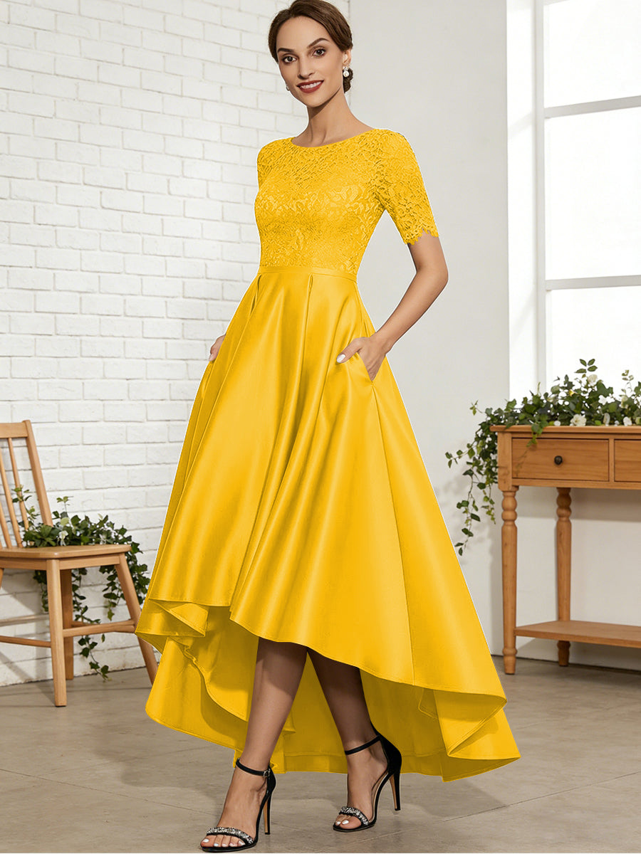 A-Line/Princess Scoop Neck Lace Appliques Satin Hi-Lo Mother of the Bride Dresses with Pockets