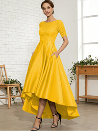 A-Line/Princess Scoop Neck Lace Appliques Satin Hi-Lo Mother of the Bride Dresses with Pockets