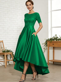 A-Line/Princess Scoop Neck Lace Appliques Satin Hi-Lo Mother of the Bride Dresses with Pockets