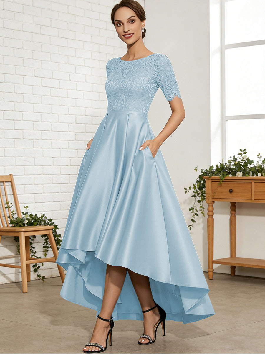 A-Line/Princess Scoop Neck Lace Appliques Satin Hi-Lo Mother of the Bride Dresses with Pockets