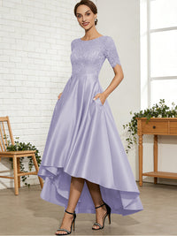 A-Line/Princess Scoop Neck Lace Appliques Satin Hi-Lo Mother of the Bride Dresses with Pockets