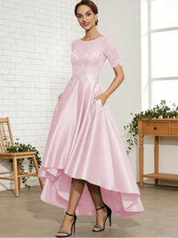 A-Line/Princess Scoop Neck Lace Appliques Satin Hi-Lo Mother of the Bride Dresses with Pockets