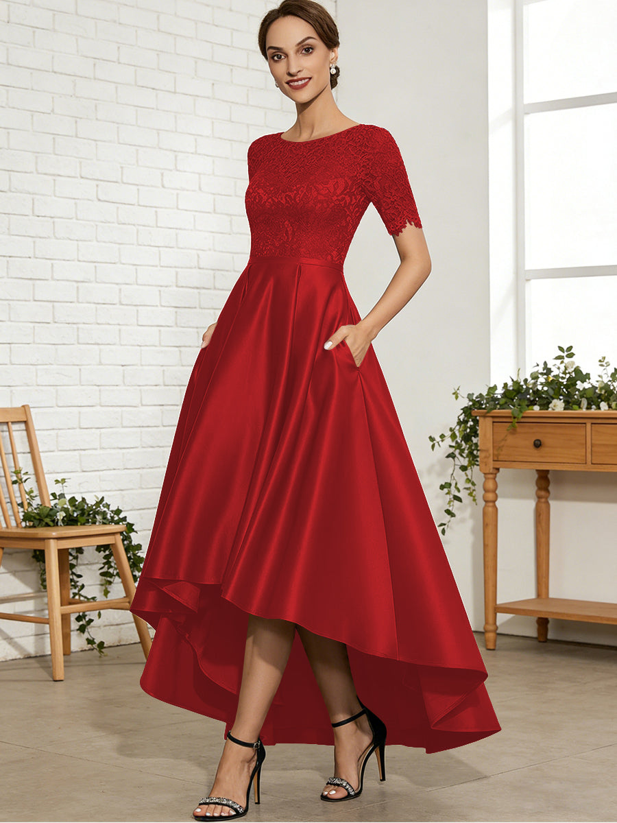 A-Line/Princess Scoop Neck Lace Appliques Satin Hi-Lo Mother of the Bride Dresses with Pockets
