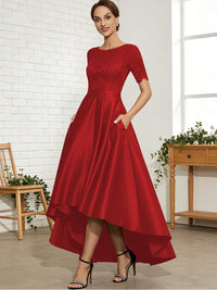 A-Line/Princess Scoop Neck Lace Appliques Satin Hi-Lo Mother of the Bride Dresses with Pockets