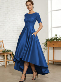 A-Line/Princess Scoop Neck Lace Appliques Satin Hi-Lo Mother of the Bride Dresses with Pockets
