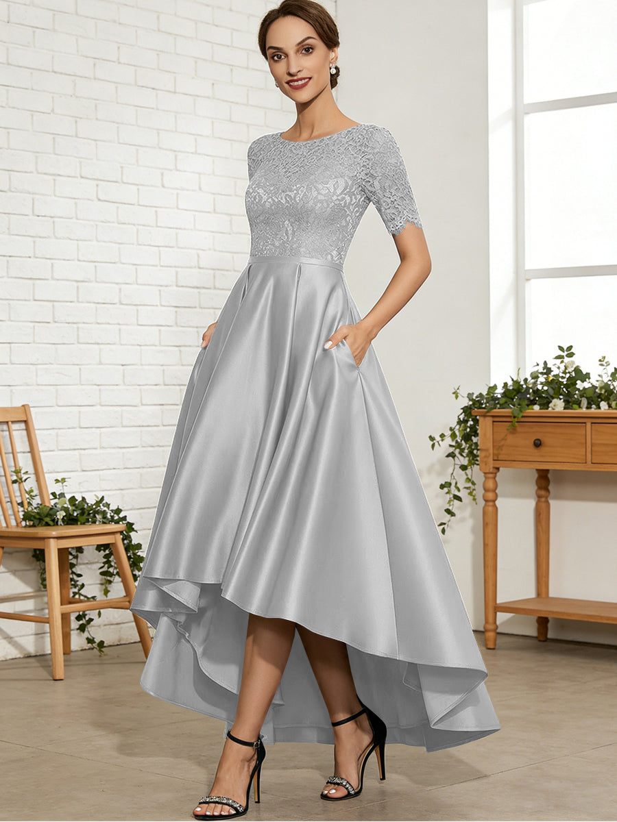 A-Line/Princess Scoop Neck Lace Appliques Satin Hi-Lo Mother of the Bride Dresses with Pockets