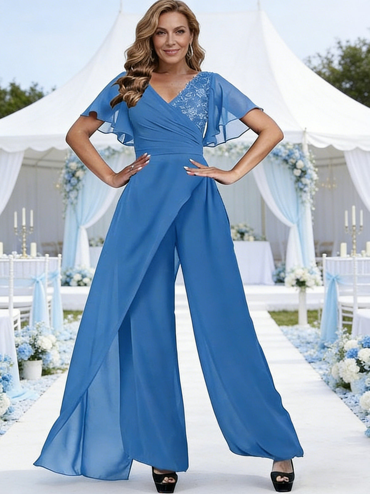 Pantsuits V-Neck Flying Sleeves Pleated Floor-Length Mother of the Bride Dresses with Lace Appliques