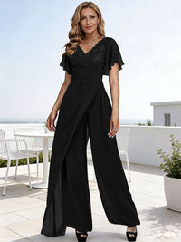 Pantsuits V-Neck Flying Sleeves Pleated Floor-Length Mother of the Bride Dresses with Lace Appliques