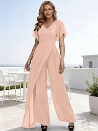 Pantsuits V-Neck Flying Sleeves Pleated Floor-Length Mother of the Bride Dresses with Lace Appliques