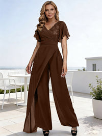 Pantsuits V-Neck Flying Sleeves Pleated Floor-Length Mother of the Bride Dresses with Lace Appliques