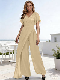 Pantsuits V-Neck Flying Sleeves Pleated Floor-Length Mother of the Bride Dresses with Lace Appliques