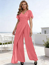Pantsuits V-Neck Flying Sleeves Pleated Floor-Length Mother of the Bride Dresses with Lace Appliques