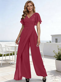 Pantsuits V-Neck Flying Sleeves Pleated Floor-Length Mother of the Bride Dresses with Lace Appliques