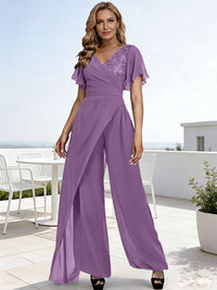 Pantsuits V-Neck Flying Sleeves Pleated Floor-Length Mother of the Bride Dresses with Lace Appliques
