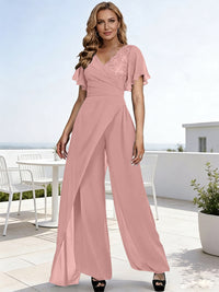 Pantsuits V-Neck Flying Sleeves Pleated Floor-Length Mother of the Bride Dresses with Lace Appliques