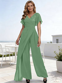 Pantsuits V-Neck Flying Sleeves Pleated Floor-Length Mother of the Bride Dresses with Lace Appliques