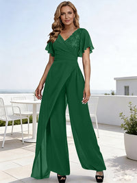 Pantsuits V-Neck Flying Sleeves Pleated Floor-Length Mother of the Bride Dresses with Lace Appliques