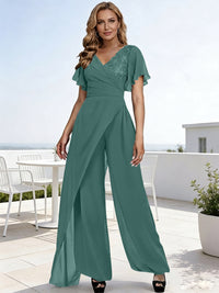 Pantsuits V-Neck Flying Sleeves Pleated Floor-Length Mother of the Bride Dresses with Lace Appliques