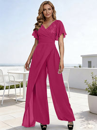 Pantsuits V-Neck Flying Sleeves Pleated Floor-Length Mother of the Bride Dresses with Lace Appliques