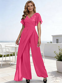 Pantsuits V-Neck Flying Sleeves Pleated Floor-Length Mother of the Bride Dresses with Lace Appliques