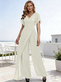 Pantsuits V-Neck Flying Sleeves Pleated Floor-Length Mother of the Bride Dresses with Lace Appliques