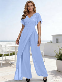 Pantsuits V-Neck Flying Sleeves Pleated Floor-Length Mother of the Bride Dresses with Lace Appliques